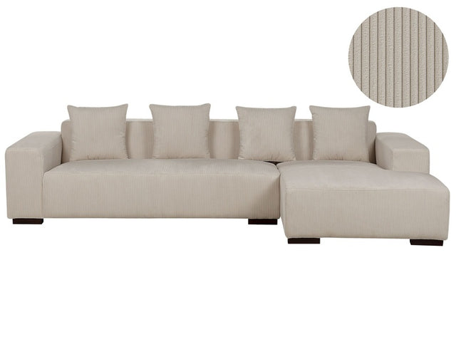 Left Hand Corner Sofa Beige Corduroy L-Shaped 4 Seater Jumbo Cord with Throw Pillows Modern Design Beliani