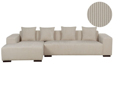 Right Hand Corner Sofa Beige Corduroy L-Shaped 4 Seater Jumbo Cord with Throw Pillows Modern Design Beliani