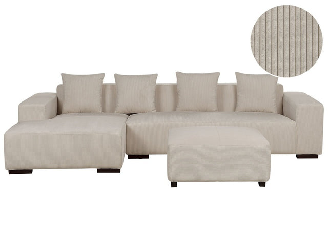 Right Hand Corner Sofa with Ottoman Beige Corduroy L-Shaped 4 Seater Jumbo Cord with Throw Pillows Modern Design Beliani