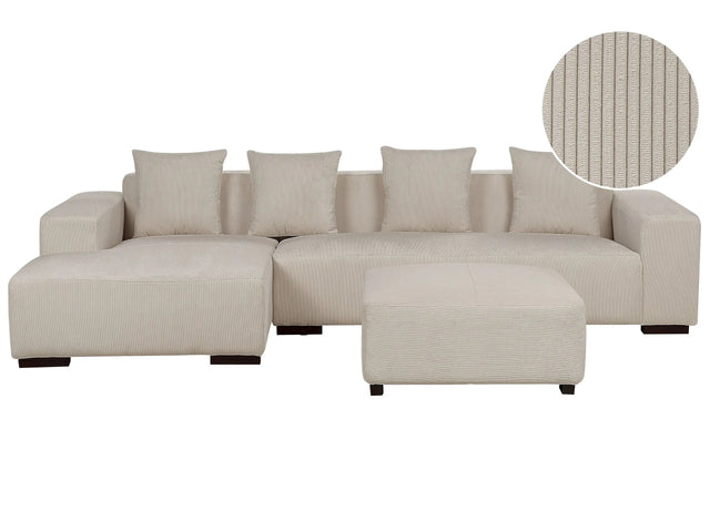 Right Hand Corner Sofa with Ottoman Beige Corduroy L-Shaped 4 Seater Jumbo Cord with Throw Pillows Modern Design Beliani