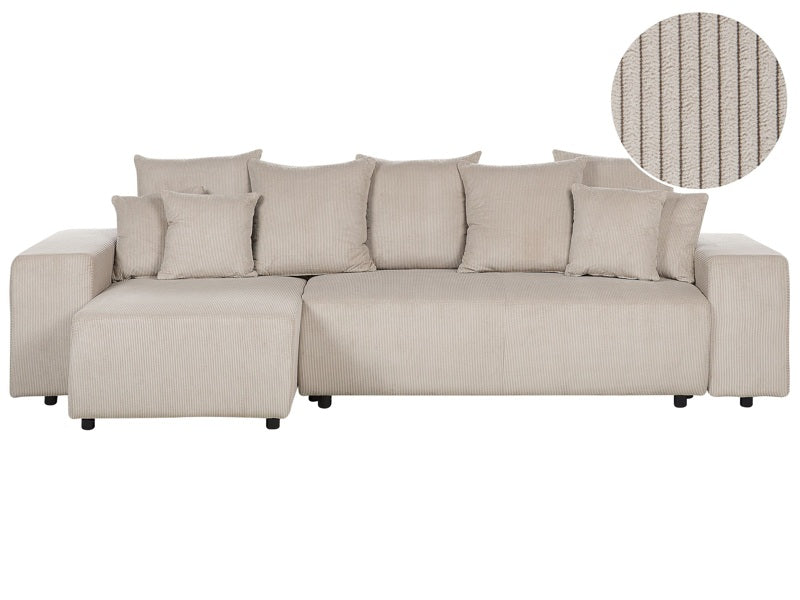 Right Hand Corner Sofa Taupe Corduroy 3 Seater Extra Scatter Cushions Modern Living Room Beliani