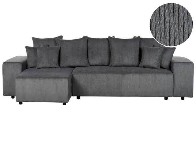 Right Hand Corner Sofa Dark Grey Corduroy 3 Seater Extra Scatter Cushions Modern Living Room Beliani