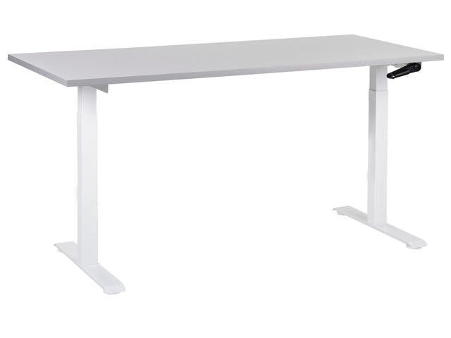 Manually Adjustable Desk Grey Tabletop White Steel Frame 160 x 72 cm Sit and Stand Square Feet Modern Design Office Beliani