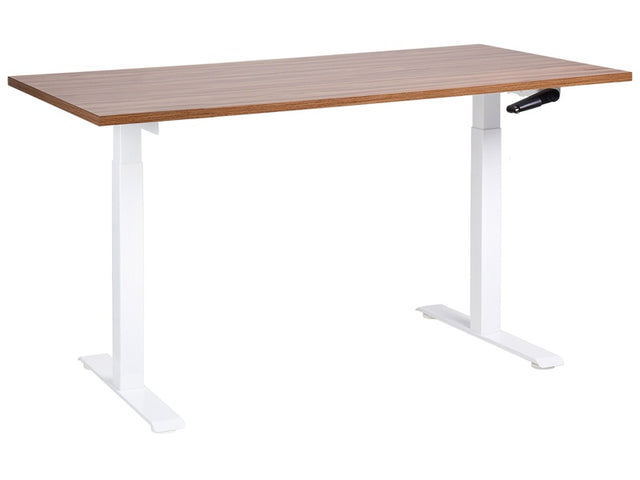 Manually Adjustable Desk Dark Wood Tabletop White Steel Frame 160 x 72 cm Sit and Stand Square Feet Modern Design Office Beliani