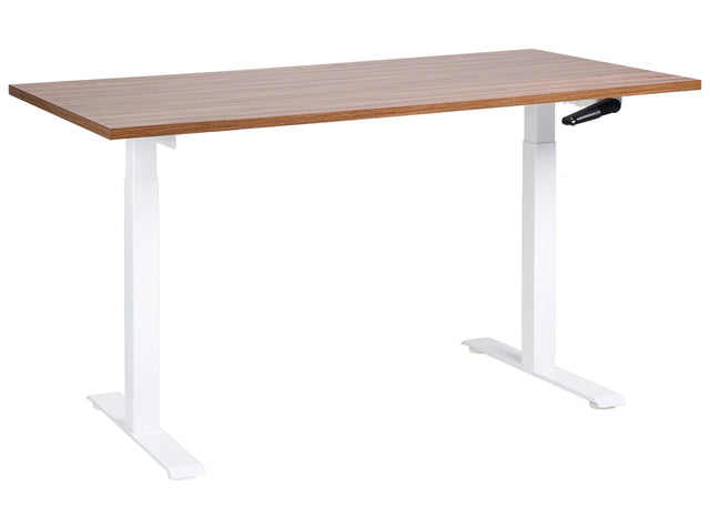 Manually Adjustable Desk Dark Wood Tabletop White Steel Frame 160 x 72 cm Sit and Stand Square Feet Modern Design Office Beliani