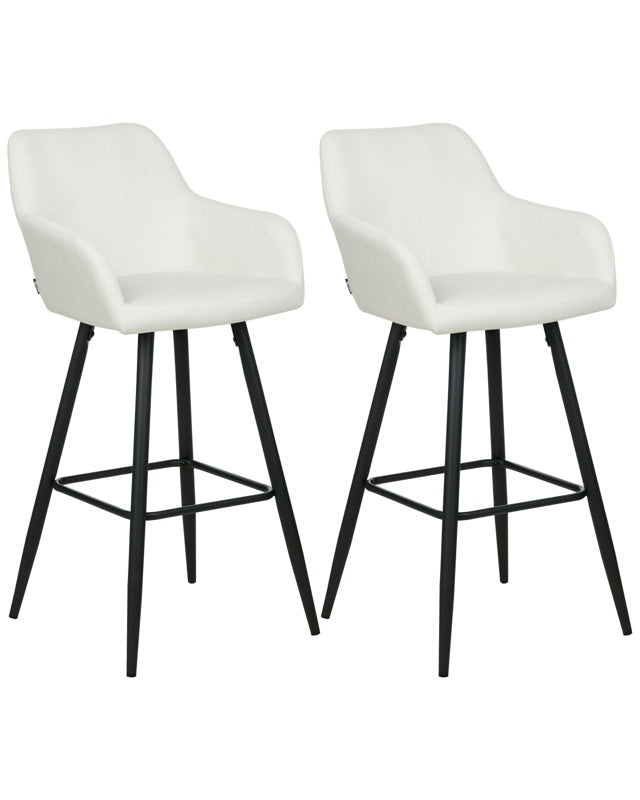 Set of 2 Bar Stool Off-White Velvet Fabric Upholstered With Arms Backrest Black Metal Legs Beliani