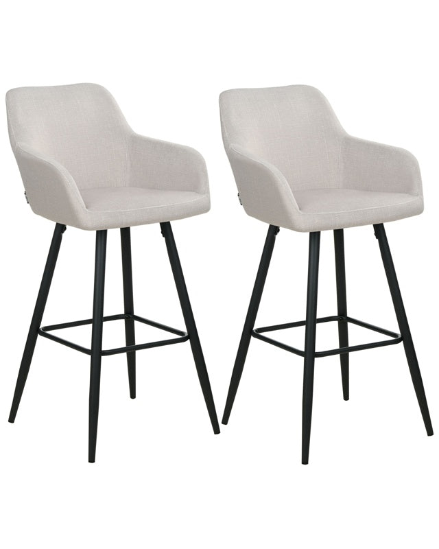 Set of 2 Bar Stool Taupe Velvet Fabric Upholstered With Arms Backrest Black Metal Legs Beliani