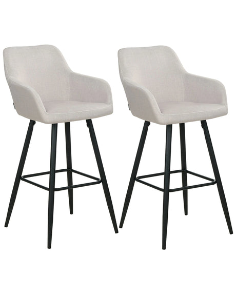 Set of 2 Bar Stool Taupe Velvet Fabric Upholstered With Arms Backrest Black Metal Legs Beliani