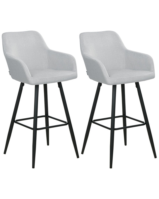 Set of 2 Bar Stool Light Grey Velvet Fabric Upholstered With Arms Backrest Black Metal Legs Beliani