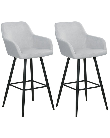Set of 2 Bar Stool Light Grey Velvet Fabric Upholstered With Arms Backrest Black Metal Legs Beliani