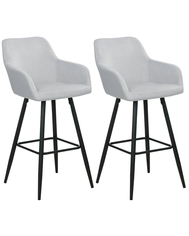 Set of 2 Bar Stool Light Grey Velvet Fabric Upholstered With Arms Backrest Black Metal Legs Beliani