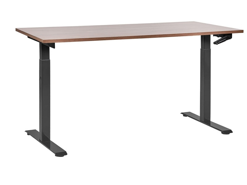 Manually Adjustable Desk Dark Wood Tabletop Black Steel Frame 160 x 72 cm Sit and Stand Square Feet Modern Design Office Beliani