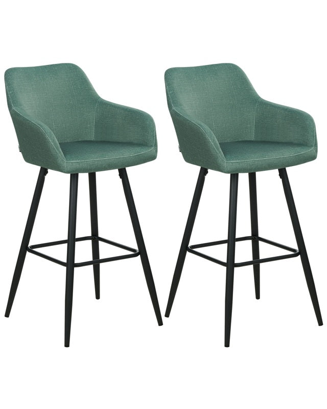 Set of 2 Bar Stool Green Velvet Fabric Upholstered With Arms Backrest Black Metal Legs Beliani