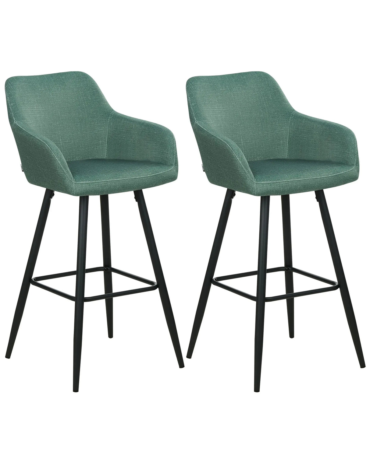 Set of 2 Bar Stool Green Velvet Fabric Upholstered With Arms Backrest Black Metal Legs Beliani