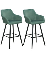 Set of 2 Bar Stool Green Velvet Fabric Upholstered With Arms Backrest Black Metal Legs Beliani