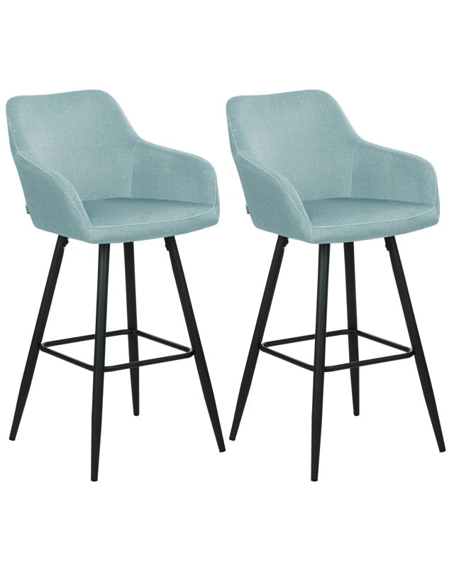 Set of 2 Bar Stool Light Blue Velvet Fabric Upholstered With Arms Backrest Black Metal Legs Beliani