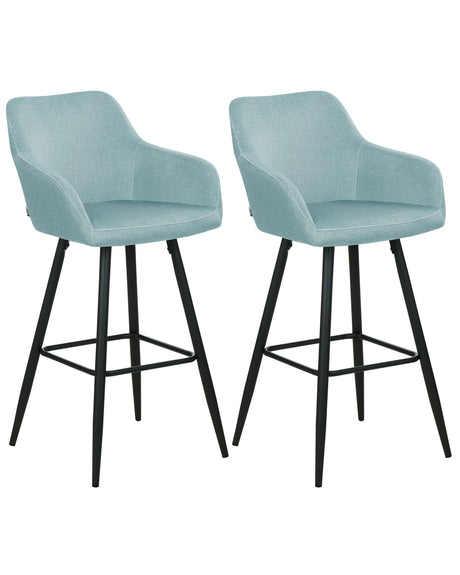 Set of 2 Bar Stool Light Blue Velvet Fabric Upholstered With Arms Backrest Black Metal Legs Beliani