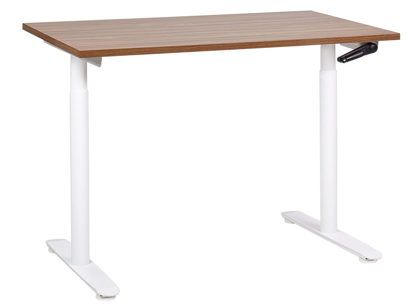 Manually Adjustable Desk Dark Wood Tabletop White Steel Frame 120 x 72 cm Sit and Stand Round Feet Modern Design Office Beliani