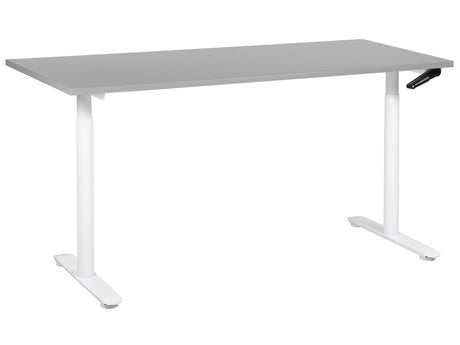 Manually Adjustable Desk Grey Tabletop White Steel Frame 160 x 72 cm Sit and Stand Round Feet Modern Design Office Beliani