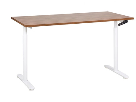 Manually Adjustable Desk Dark Wood Tabletop White Steel Frame 160 x 72 cm Sit and Stand Round Feet Modern Design Office Beliani