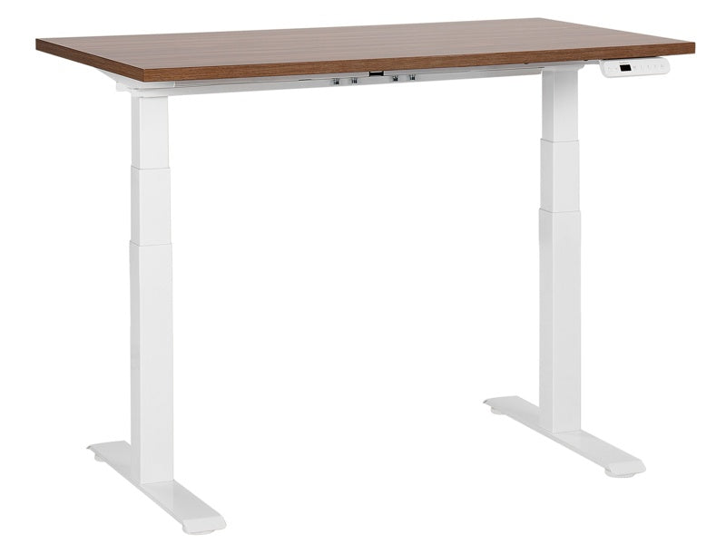 Electrically Adjustable Desk Dark Wood Tabletop White Steel Frame 120 x 72 cm Sit and Stand Square Feet Modern Design  Beliani