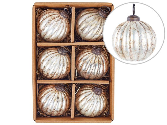 Set of 6 Christmas Baubles Silver Glass Hanging Distressed Effect  Xmas Tree Handmade  Balls Holiday Decor Beliani