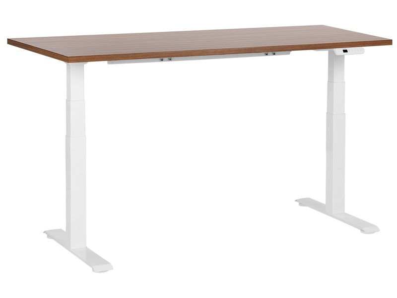 Electrically Adjustable Desk Dark Wood Tabletop White Steel Frame 160 x 72 cm Sit and Stand Square Feet Modern Design  Beliani