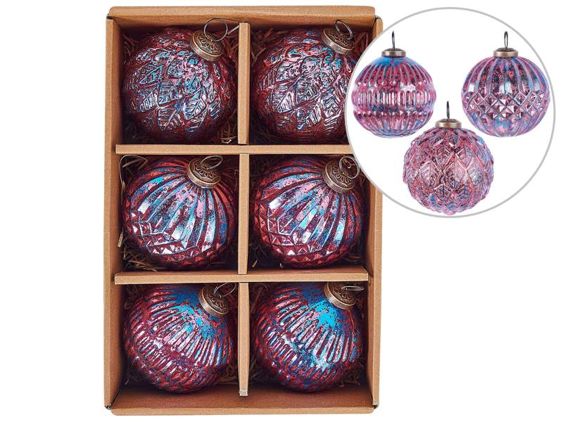 Set of 6 Christmas Baubles Pink Glass Hanging Xmas Tree Handmade Balls Holiday Decor Beliani