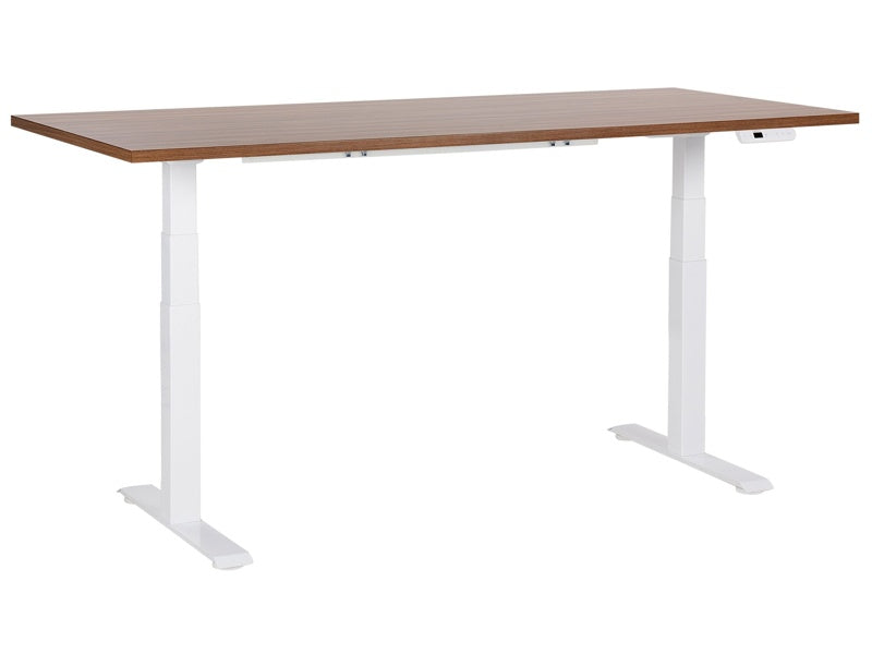 Electrically Adjustable Desk Dark Wood Tabletop White Steel Frame 180 x 80 cm Sit and Stand Square Feet Modern Design Beliani