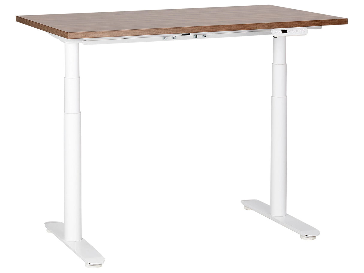 Electrically Adjustable Desk Dark Wood Tabletop White Steel Frame 120 x 72 cm Sit and Stand Round Feet Modern Design  Beliani