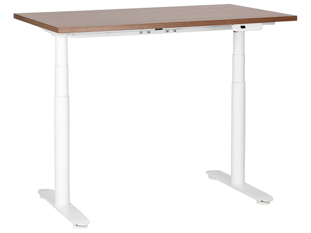 Electrically Adjustable Desk Dark Wood Tabletop White Steel Frame 120 x 72 cm Sit and Stand Round Feet Modern Design  Beliani