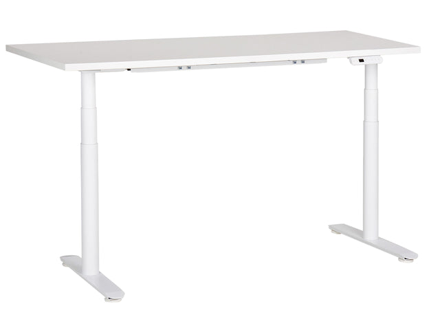 Electrically Adjustable Desk White Tabletop White Steel Frame 160 x 72 cm Sit and Stand Round Feet Modern Design  Beliani