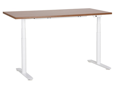 Electrically Adjustable Desk Dark Wood Tabletop White Steel Frame 160 x 72 cm Sit and Stand Round Feet Modern Design  Beliani