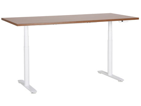 Electrically Adjustable Desk Dark Wood Tabletop White Steel Frame 180 x 80 cm Sit and Stand Round Feet Modern Design Beliani
