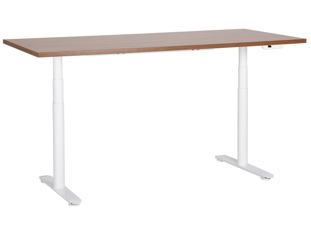 Electrically Adjustable Desk Dark Wood Tabletop White Steel Frame 180 x 80 cm Sit and Stand Round Feet Modern Design Beliani