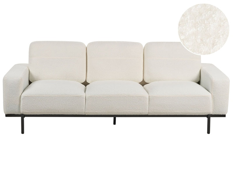 Sofa White Boucle Black Metal Legs 215 x 87 x 72 cm 3 Seater Classic Couch Settee Living Room Modern Beliani