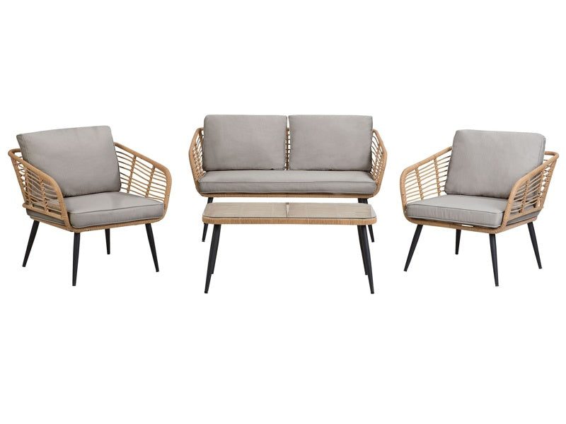 Garden Conversation Sofa Set Light Beige Faux Rattan with Cushions and Coffee Table Beliani