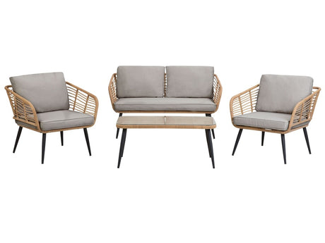 Garden Conversation Sofa Set Light Beige Faux Rattan with Cushions and Coffee Table Beliani