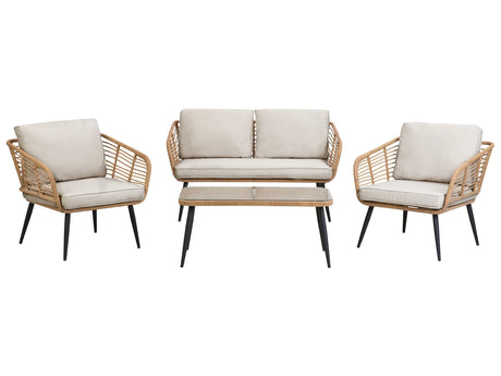 Garden Conversation Sofa Set Light Beige Faux Rattan with Cushions and Coffee Table Beliani