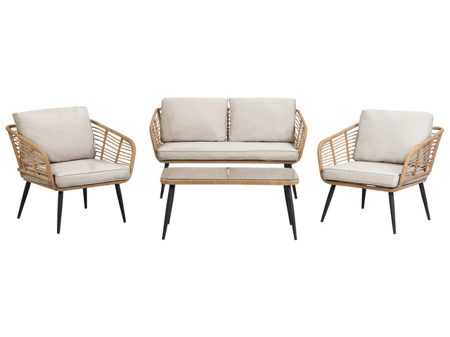 Garden Conversation Sofa Set Light Beige Faux Rattan with Cushions and Coffee Table Beliani