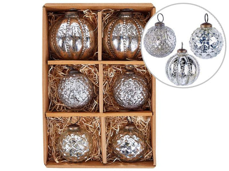 Set of 6 Christmas Baubles Silver Glass Hanging Xmas Tree Handmade Balls Holiday Decor Beliani