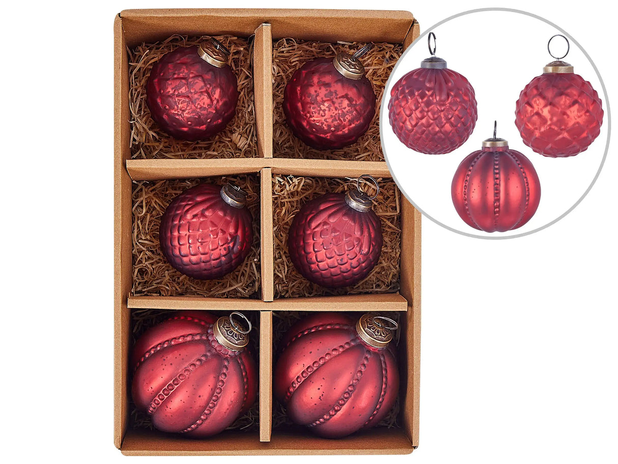 Set of 6 Christmas Baubles Red Glass Hanging Xmas Tree Handmade  Balls Holiday Decor Beliani
