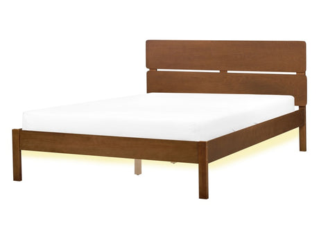 Bed Light Rubber Wood EU Double Size 4ft6 with Headboard LED Light Slatted Base Minimalistic Rustic Style Beliani