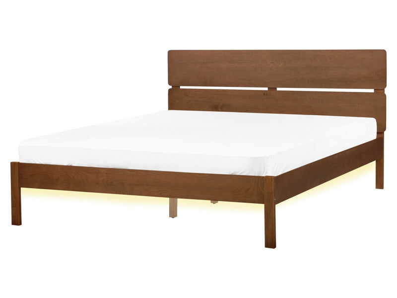 Bed Light Rubber Wood EU King Size 5ft3 with Headboard LED Light Slatted Base Minimalistic Rustic Style Beliani