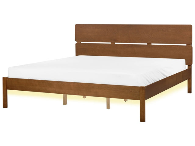 Bed Light Rubber Wood EU Super King Size 6ft with Headboard LED Light Slatted Base Minimalistic Rustic Style Beliani