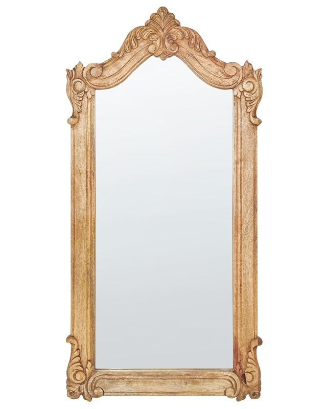 Wall Mirror Light Mango Wood Frame 69 x 129 cm Vintage Ornate Style Wall Decor Beliani