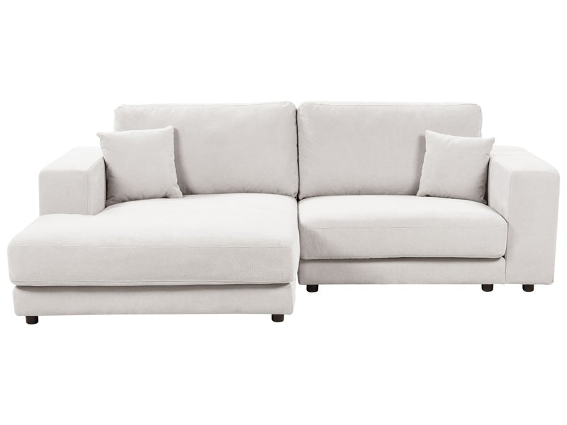 Right Hand 3 Seater Corner Sofa White Fabric Upholstered Track Armrests Additional Cushions Minimalistic Modern Style Beliani