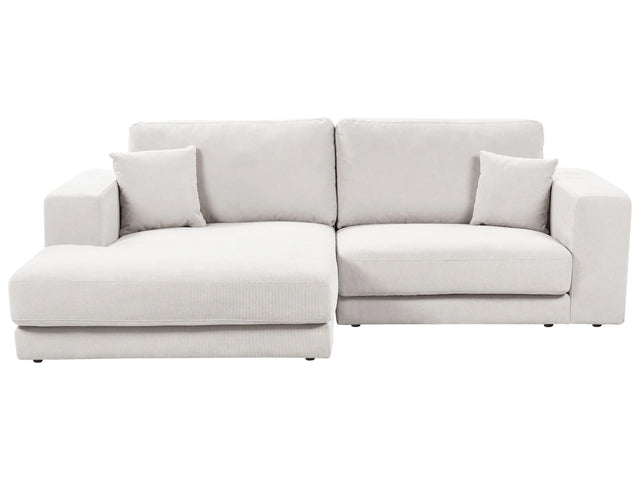 Right Hand 3 Seater Corner Sofa White Fabric Upholstered Track Armrests Additional Cushions Minimalistic Modern Style Beliani