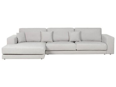 Right Hand 4 Seater Corner Sofa Light Grey Fabric Upholstered Track Armrests Additional Cushions Minimalistic Modern Style Beliani