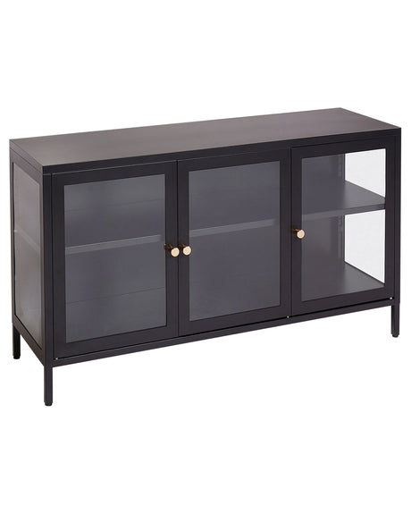 3 Door Sideboard Black Steel Tempered Glass Adjustable Shelves Leg Caps Living Room Furniture Modern Design Beliani